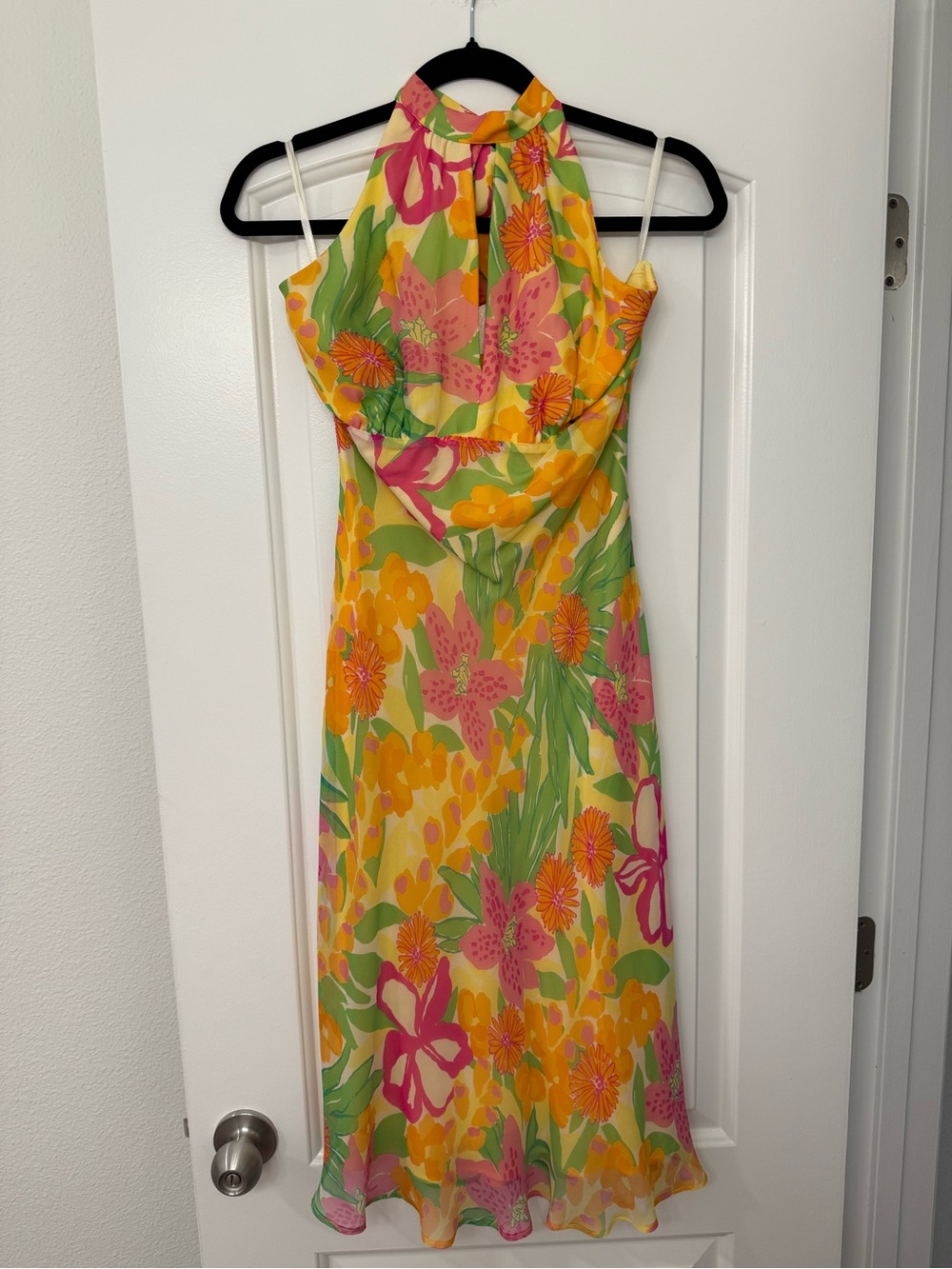 Vintage Lilly Pulitzer Floral Halter Midi Dress - Yellow & Pink, 100% Silk